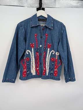 Vintage Life Style Cat Chambray Button Down USA Embroidered Women's PP